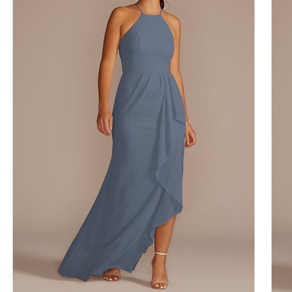 Dusty blue bridesmaid dress. Small slit not noticeable